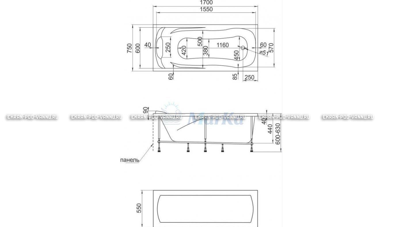 Акриловая ванна 1MarKa Calypso 170x75 – купить по цене 13950 руб. в интернет-магазине в городе Тверь картинка 22